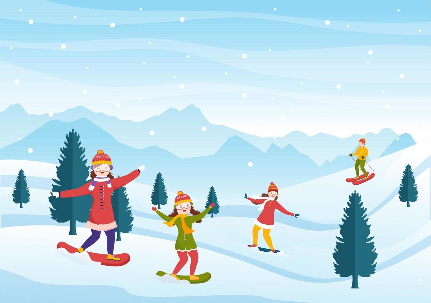 snowboarden handgetekende cartoon vlakke afbeelding van mensen in winteroutfit glijden en springen met snowboards op besneeuwde berghellingen of hellingen vector