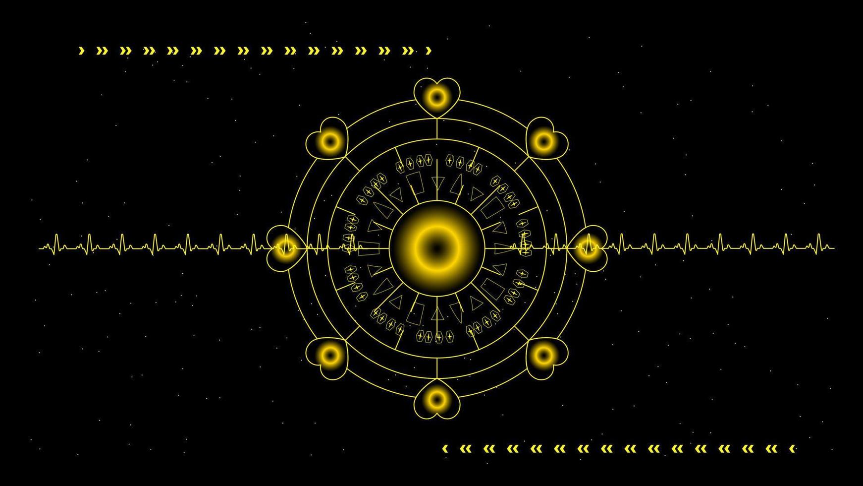 hartpuls of ekg in monitor voor ui hi-tec interface zwart en goud digitale technologie met gloeiende deeltjes, vectorillustratie. vector