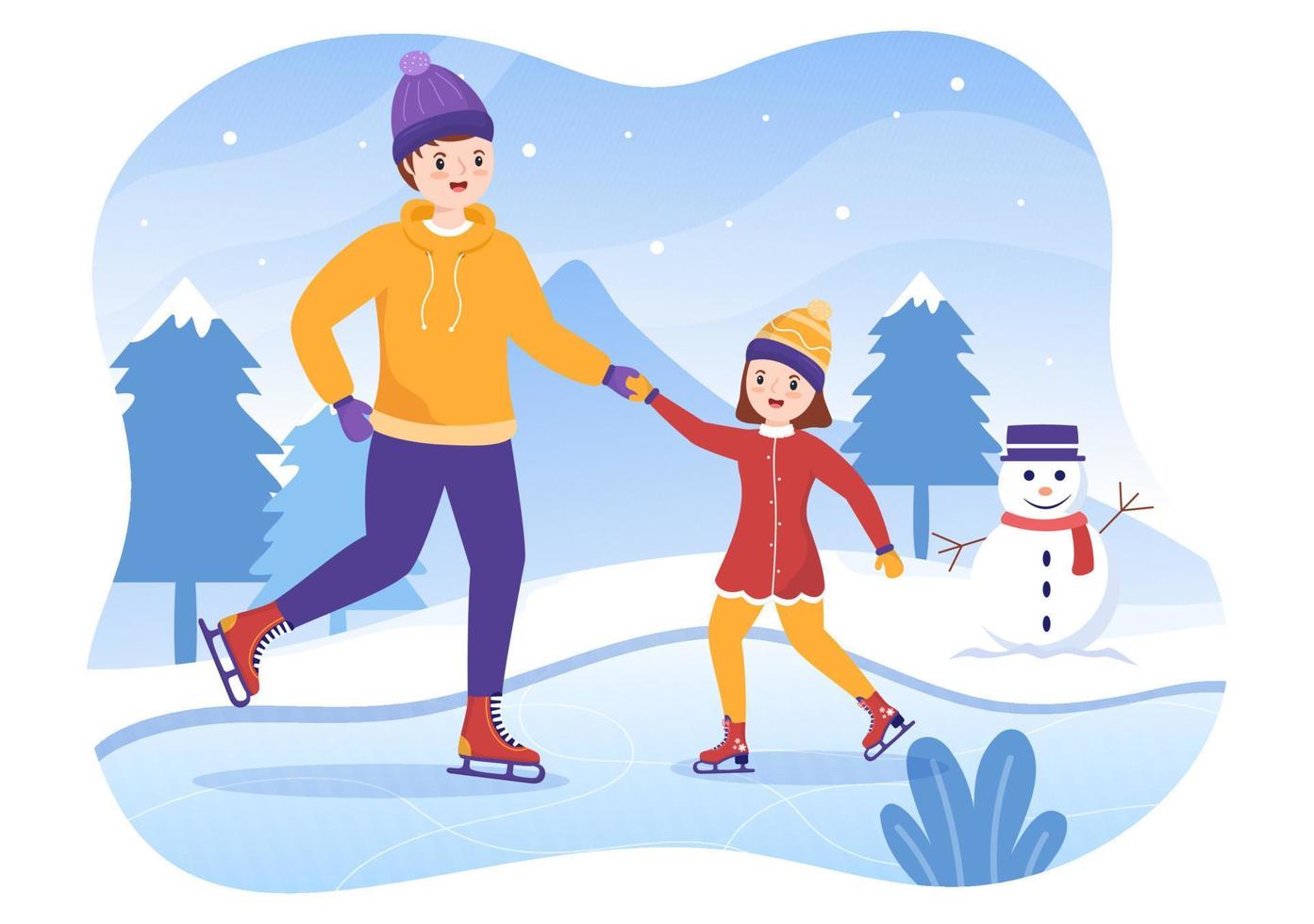 schaatsen met de hand getekende cartoon vlakke afbeelding van winterplezier buiten sportactiviteiten op ijsbaan met seizoensgebonden bovenkleding vector