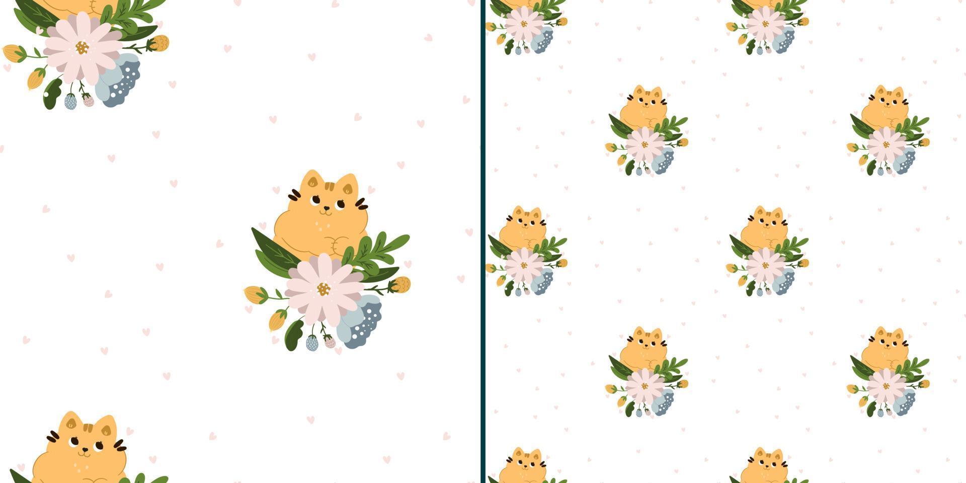 naadloze patroon met schattige katten in bloemen op een witte achtergrond. kindertextuur in scandinavische stijl voor stof, textiel, kleding, kinderkamerdecoratie. vector illustratie