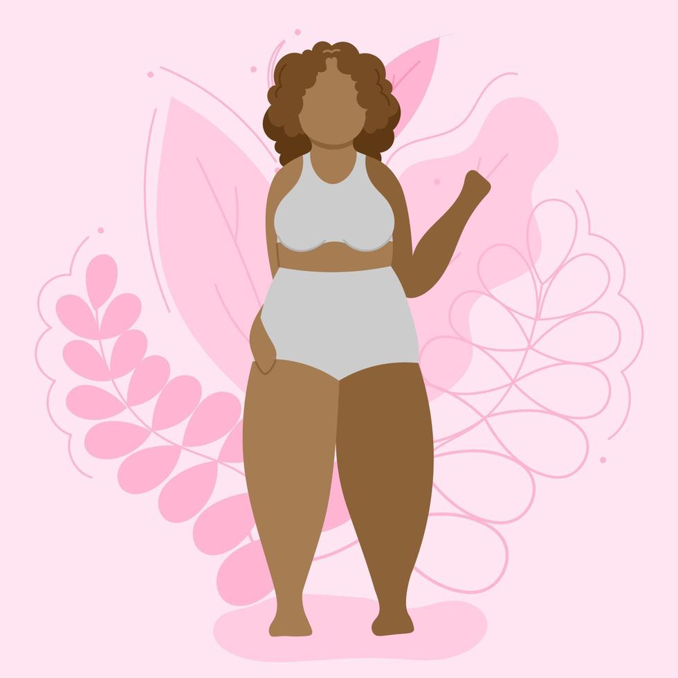 vectorillustratie op het thema van lichaamspositiviteit. een mollig meisje met krullend haar op een achtergrond van mooie bladeren. vlakke stijl vector