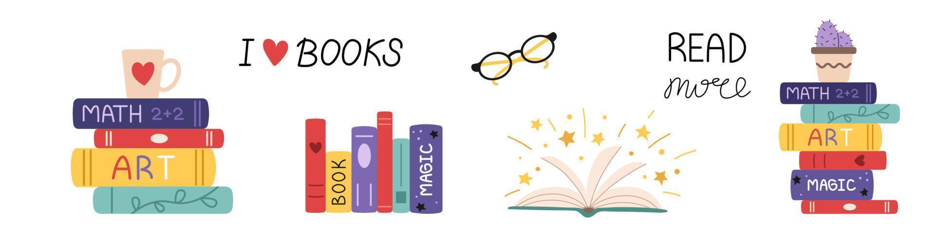 vector kleurrijke boeken instellen. stapels boeken en open boek. ik hou van boeken en lees meer letters. tekst. bril.
