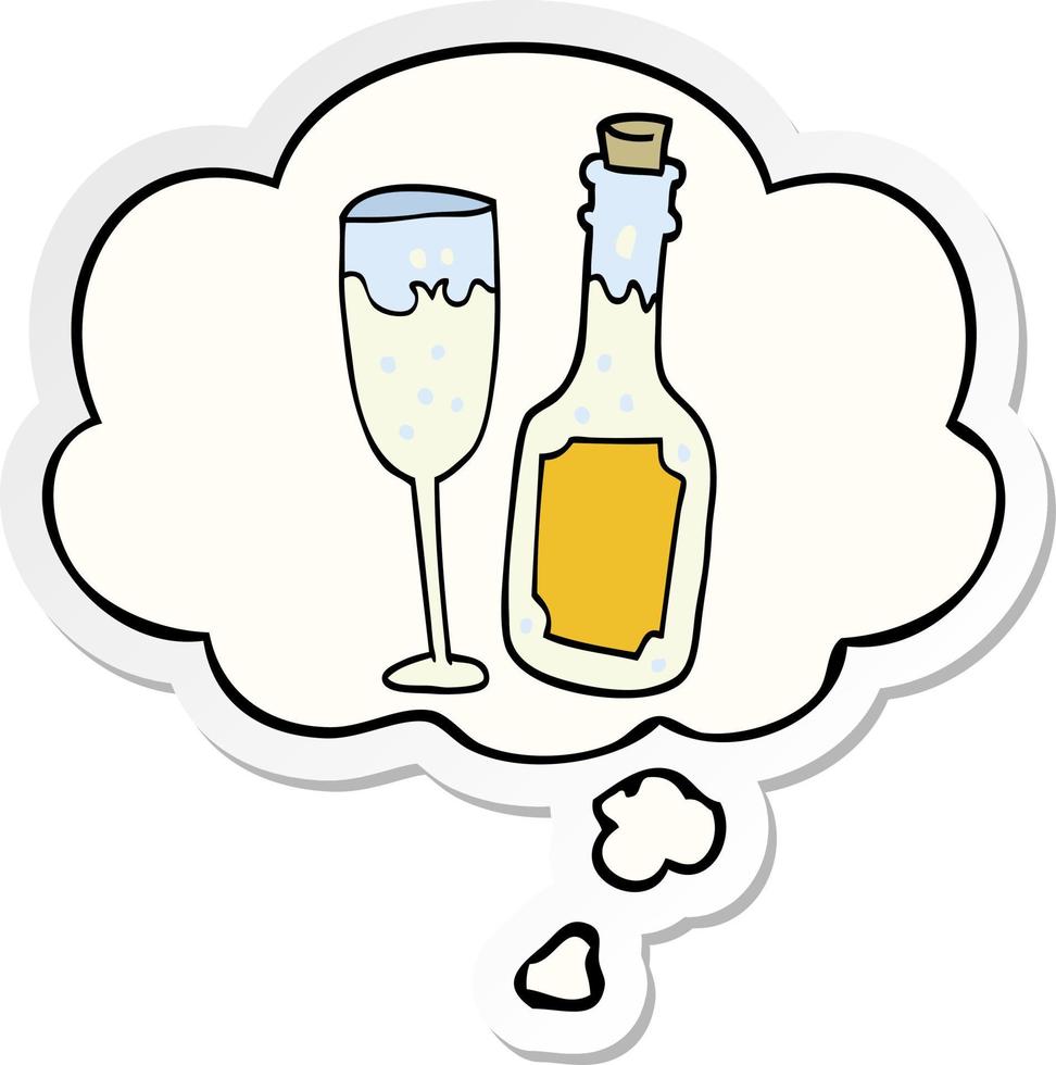 cartoon champagnefles en glas en gedachte bel als een gedrukte sticker vector