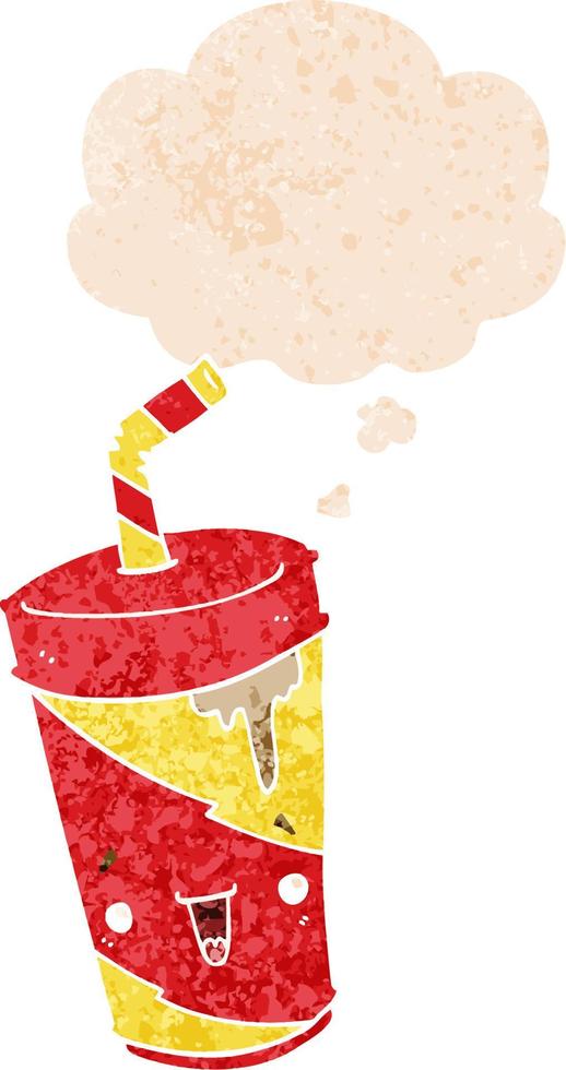 schattige cartoon frisdrank en gedachte bel in retro getextureerde stijl vector