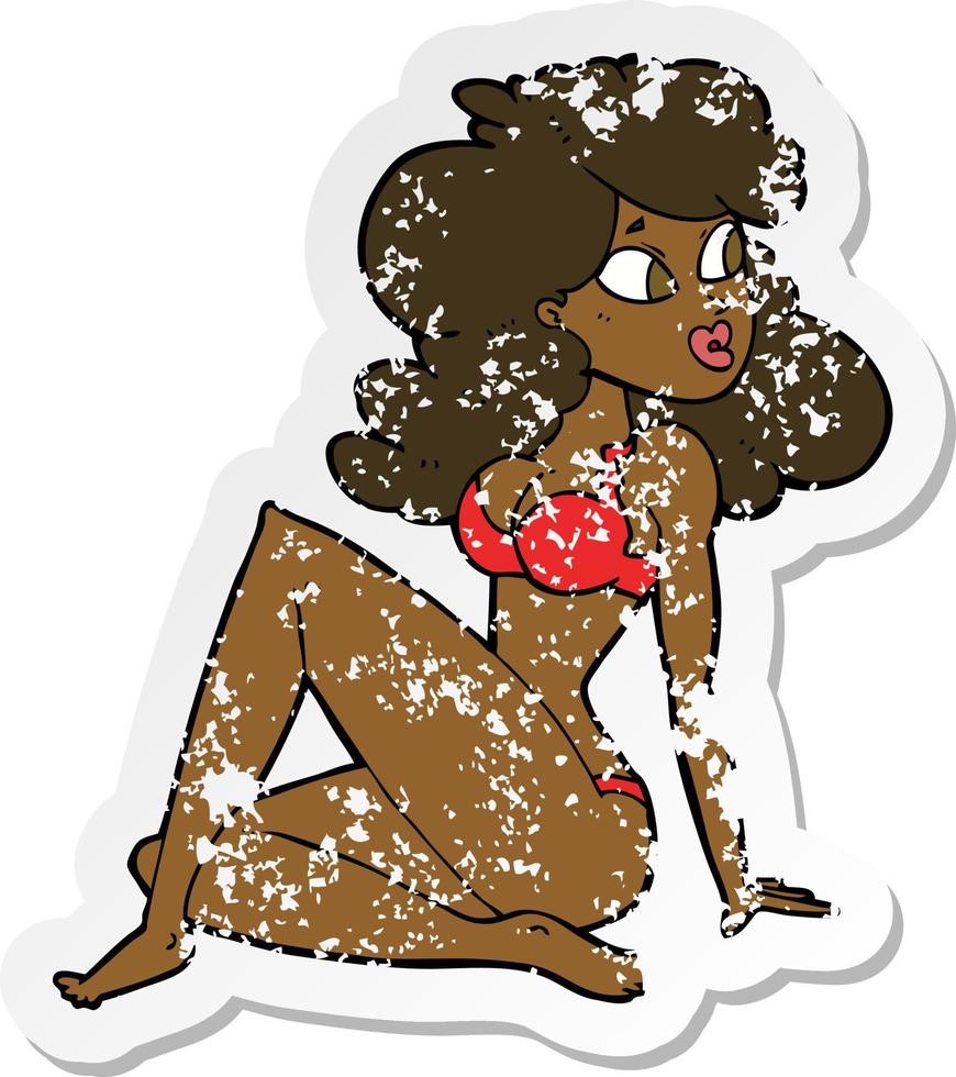 retro noodlijdende sticker van een cartoon sexy vrouw in ondergoed vector