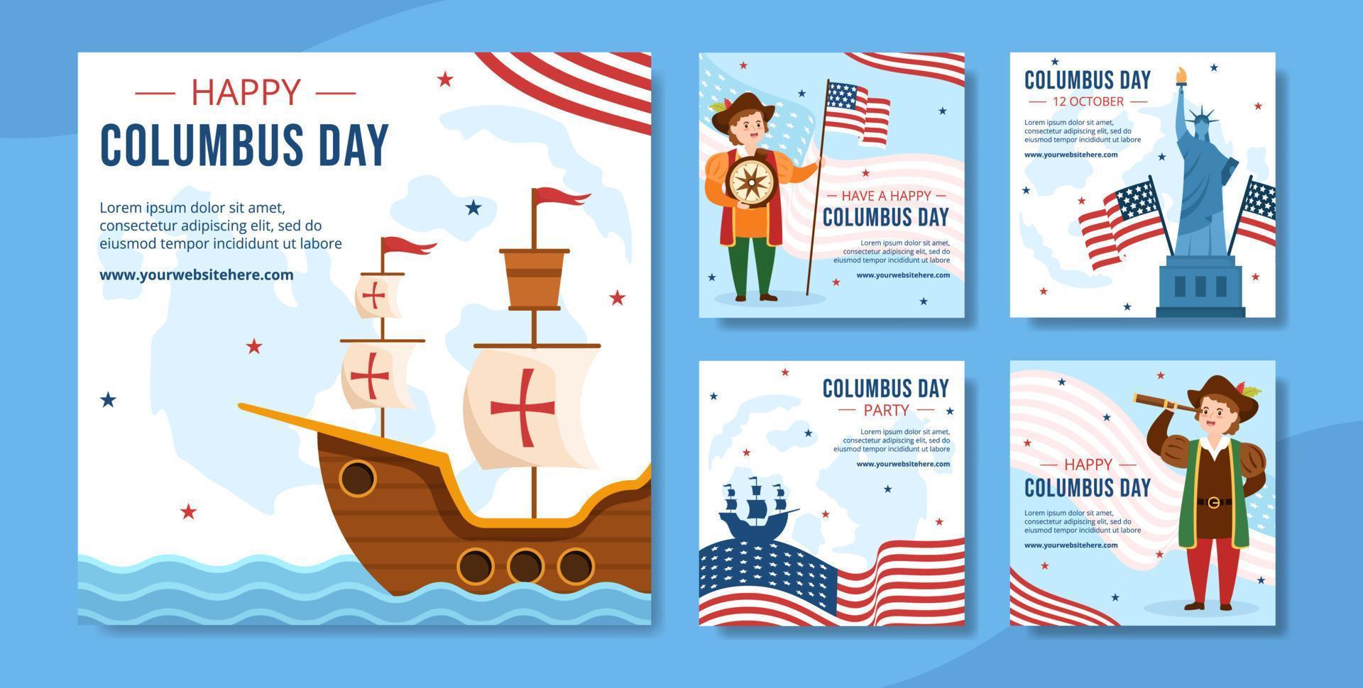 happy columbus day social media post sjabloon handgetekende cartoon vlakke afbeelding vector