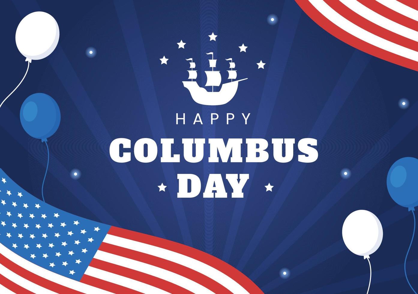 happy columbus day nationale feestdag handgetekende cartoon afbeelding met blauwe golven, kompas, schip en usa vlaggen in vlakke stijl achtergrond vector