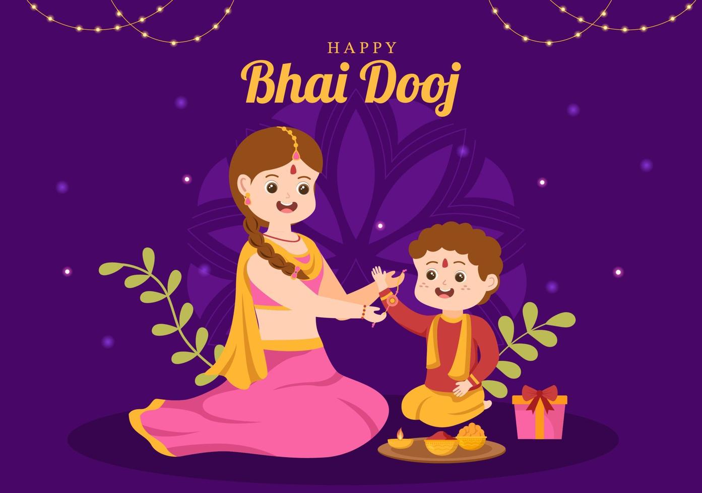 happy bhai dooj indian festival viering handgetekende cartoon illustratie van zusters bidden voor broers bescherming met een stip op zijn voorhoofd vector