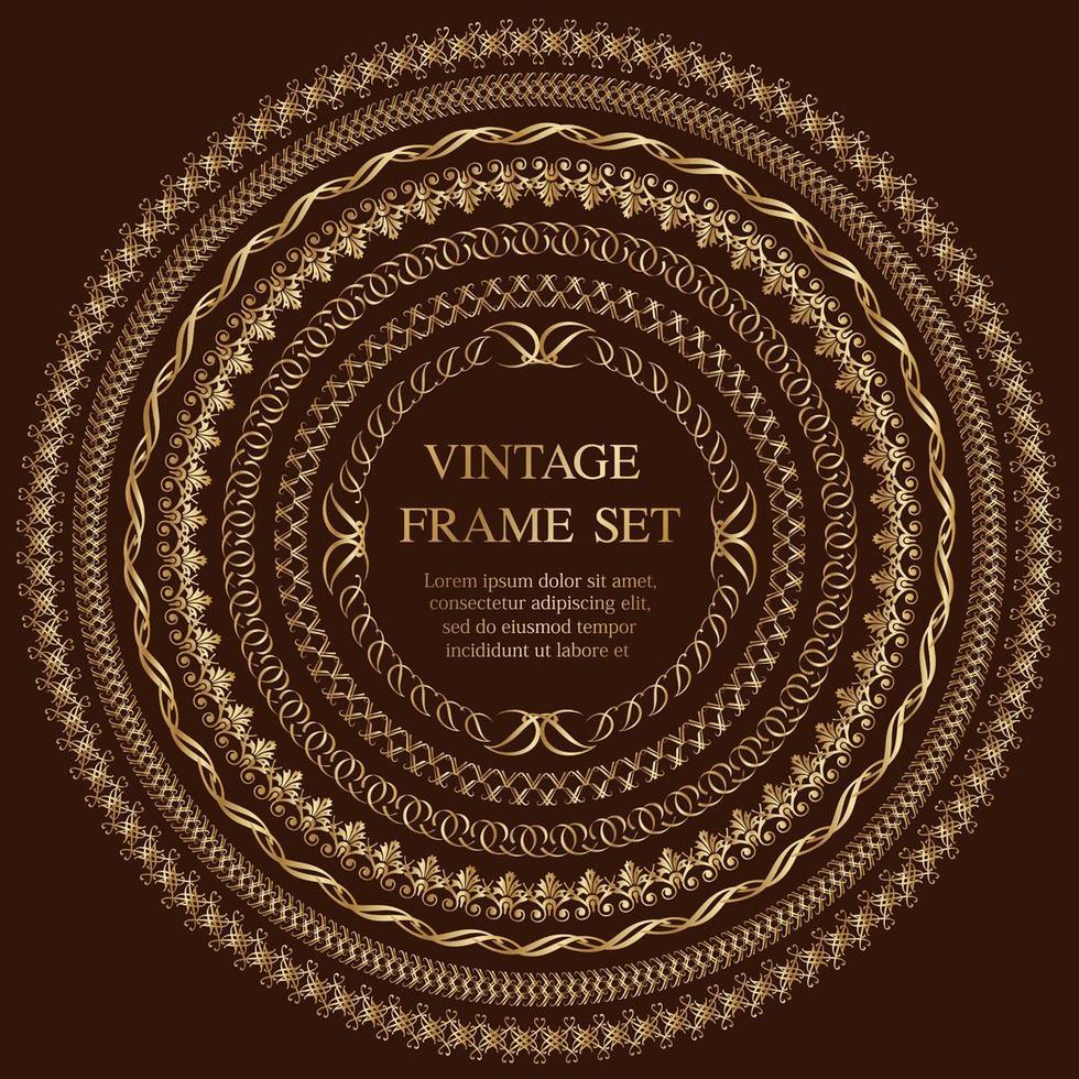 set van zeven gouden ronde vintage frames geïsoleerd op een donkere achtergrond. vector