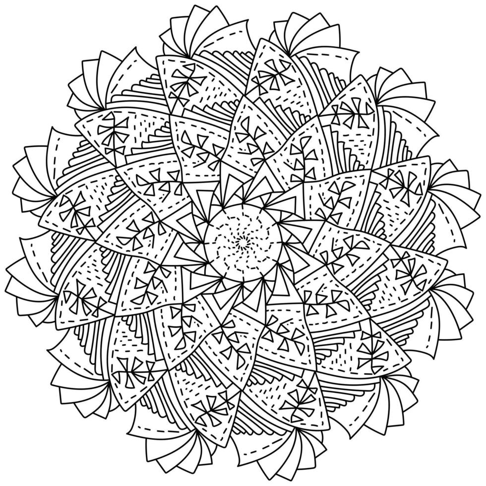 contourmandala met symmetrische patronen van strepen, streken en twijgen met driehoekige bladeren, anti-stress kleurplaat voor creativiteit vector