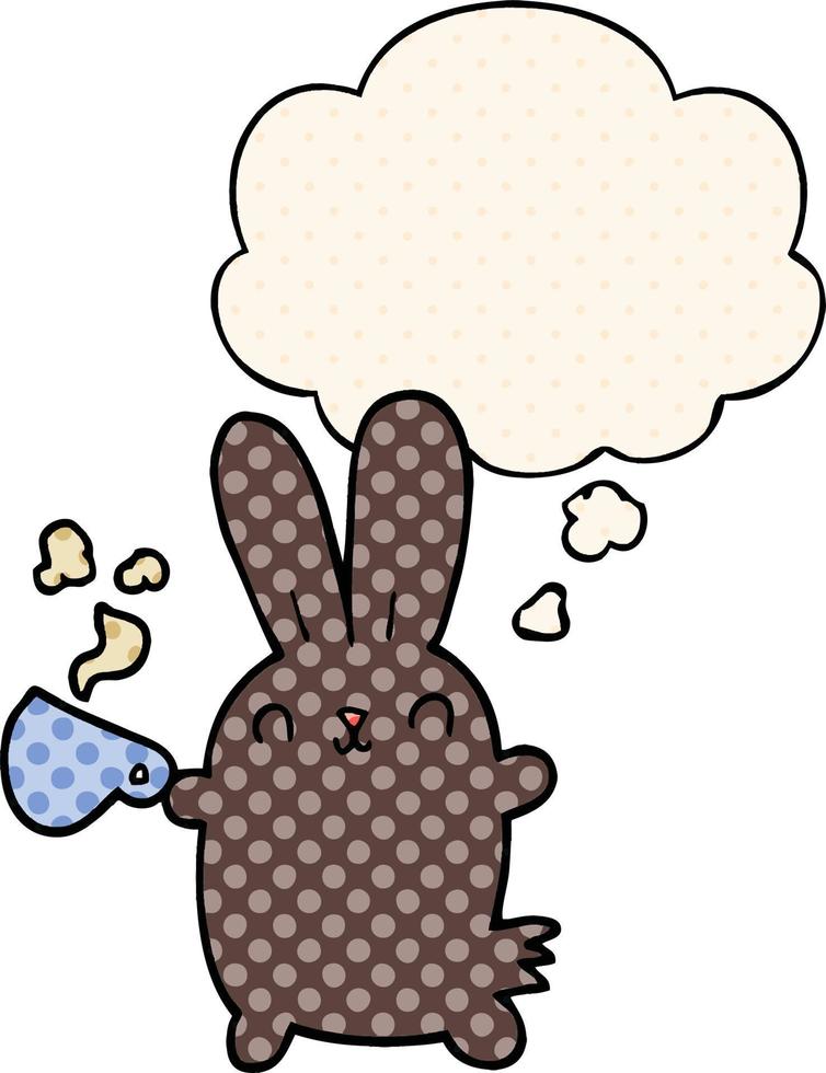 schattig cartoon konijn met koffiekopje en gedachte bel in stripboekstijl vector
