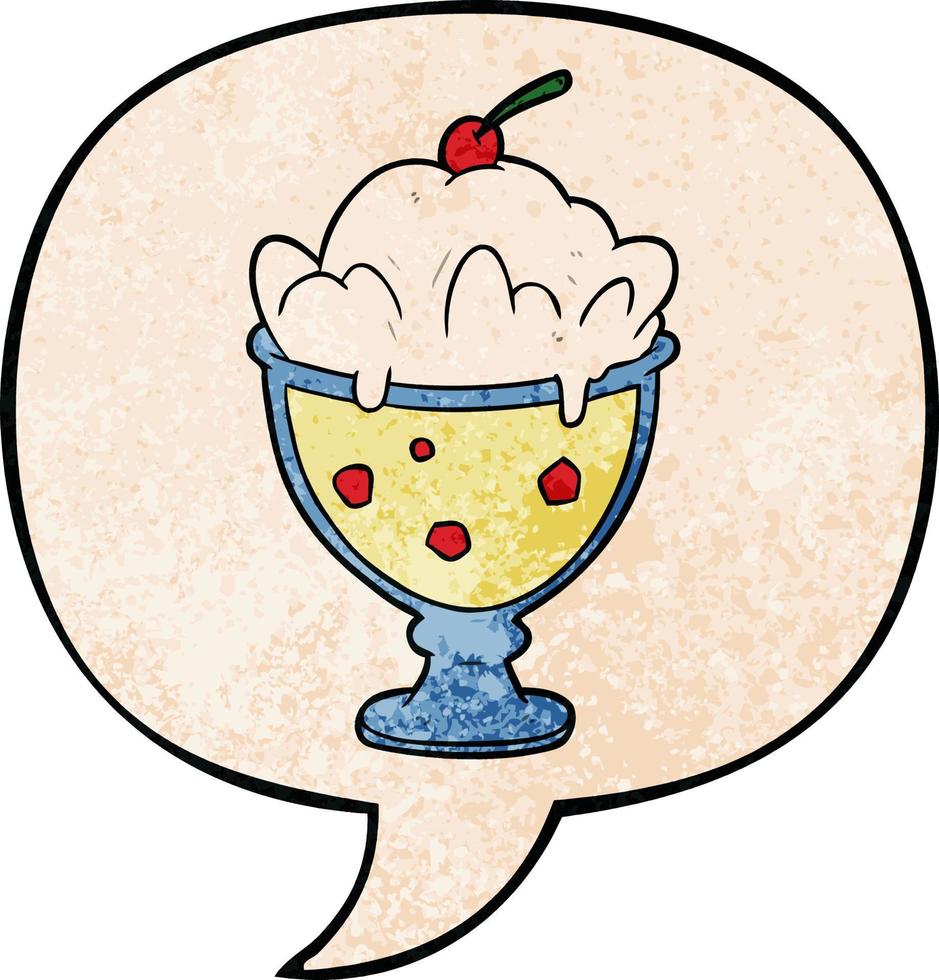 cartoon smakelijk dessert en tekstballon in retro textuurstijl vector