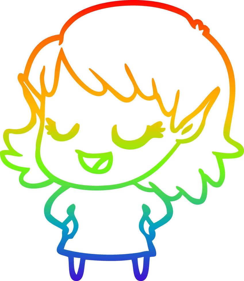 regenbooggradiënt lijntekening happy cartoon elf meisje vector