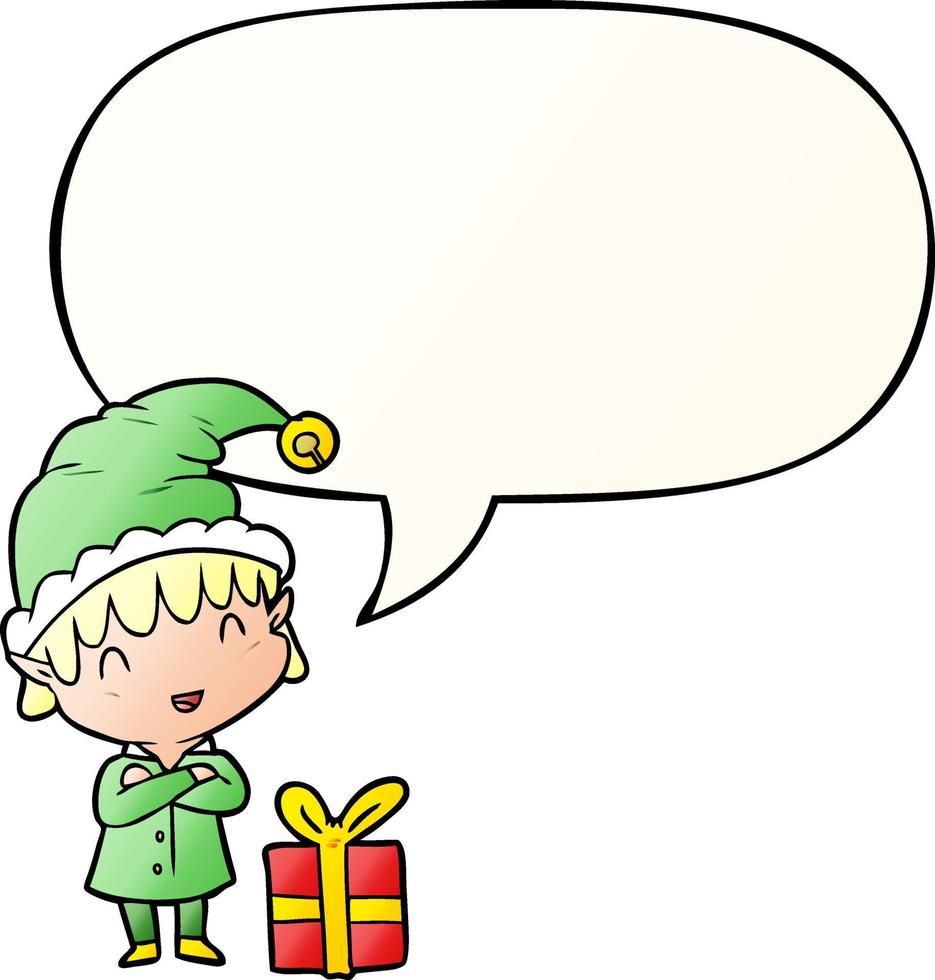 cartoon happy christmas elf en tekstballon in vloeiende verloopstijl vector