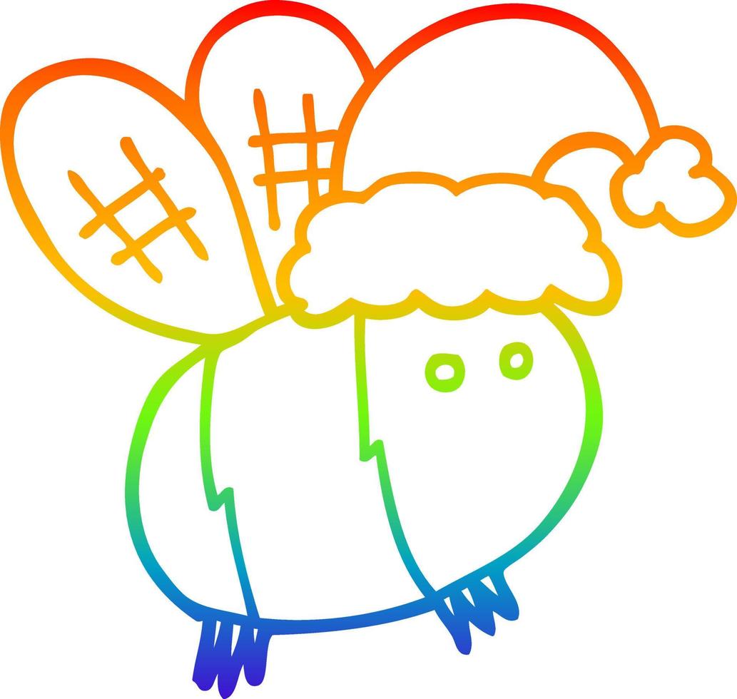 regenbooggradiënt lijntekening schattige cartoon bij met kerstmuts vector