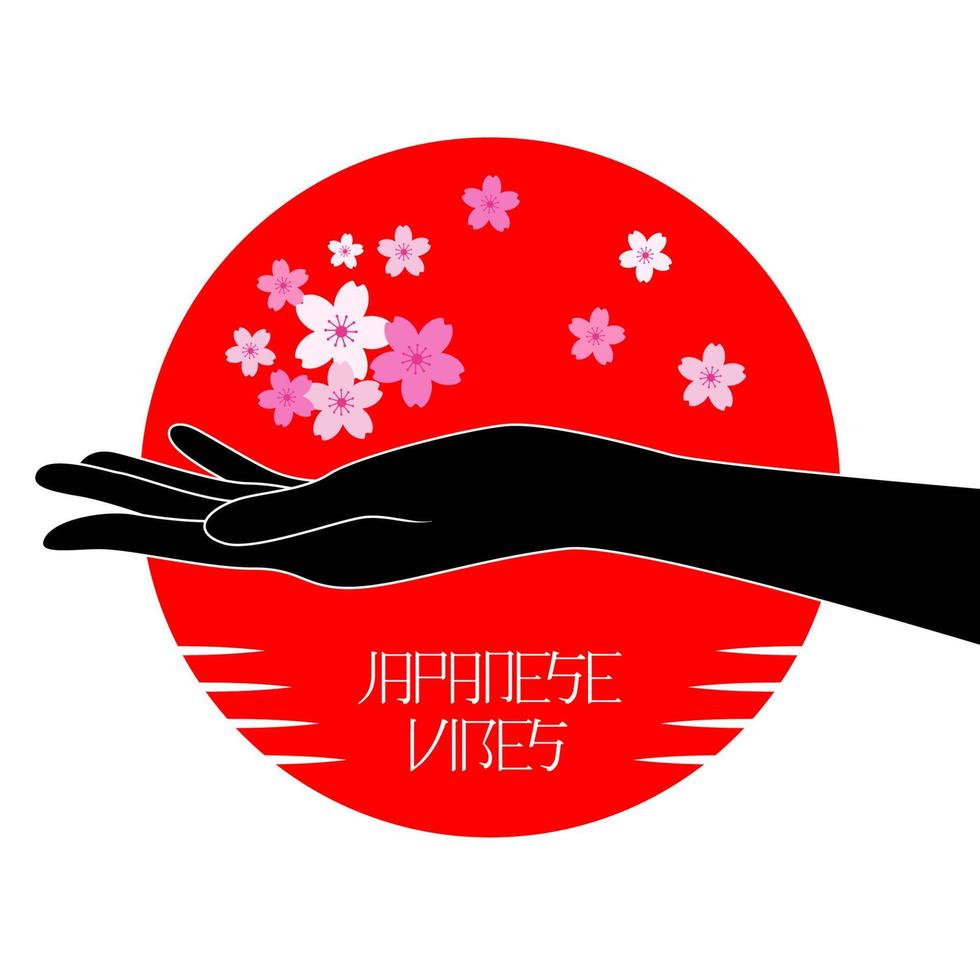 Japan concept. vrouw zwart hand- met kers bloesem Aan de achtergrond van de Japans vlag vector