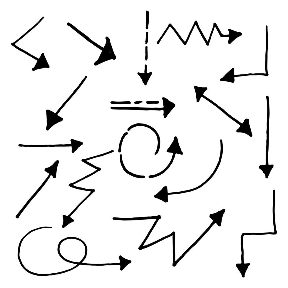 hand getrokken pijlen pictogrammen instellen. pijlpictogram met verschillende richtingen. doodle vectorillustratie. geïsoleerd op een witte achtergrond. vector