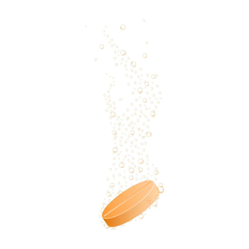 bruisend oplosbaar oranje tablet met bruisen onderwater- bubbels. geneeskunde of vitamine pil oplossen in water vector