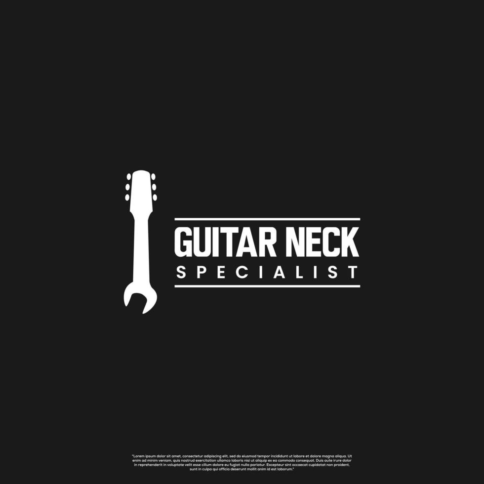 gitaar nek reparatie, gitaar nek onderhoud, gitaar nek specialist logo. gitaar nek combineren met moersleutel vector