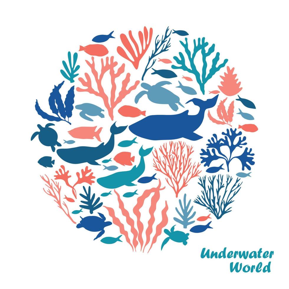 schattig blauw walvis, vis, en koralen. wereld oceaan dag juni 8. tropisch plein poster met onderwater- wereld en marinier dieren en zeewier. vector illustratie voor ontwerp, decor, folder.