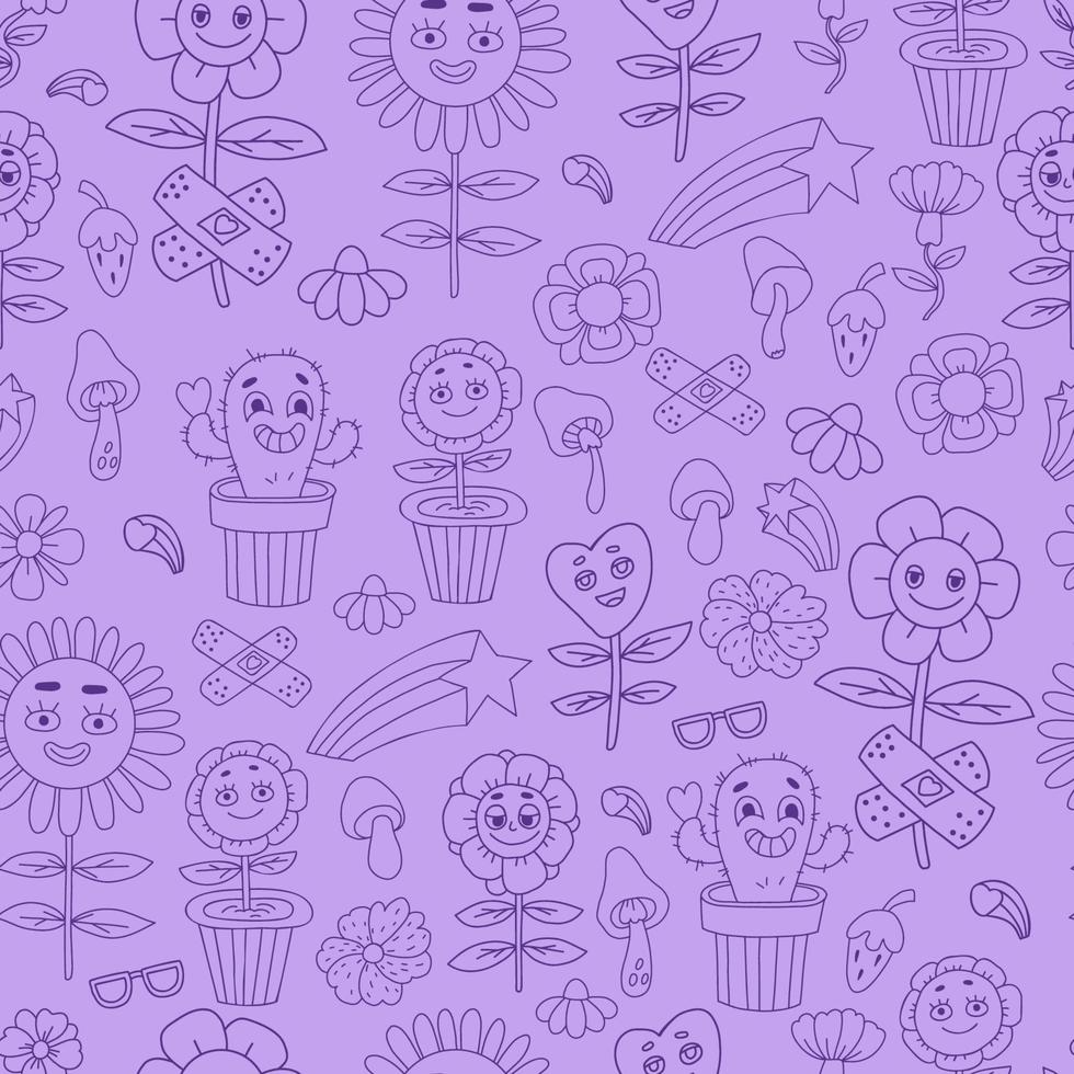 vector retro naadloos patroon met groovy element in lineair hand- getrokken tekening stijl. tekenfilm tekens met gezichten funky bloem macht met lapje, madeliefje bloemen, cactus bloem pot Aan Purper achtergrond