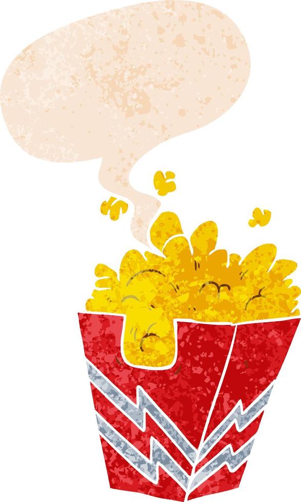 tekenfilm doos van popcorn en toespraak bubbel in retro getextureerde stijl vector