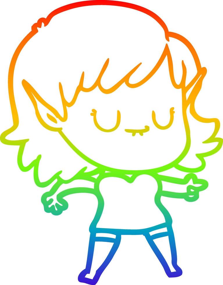 regenbooggradiënt lijntekening happy cartoon elf meisje vector