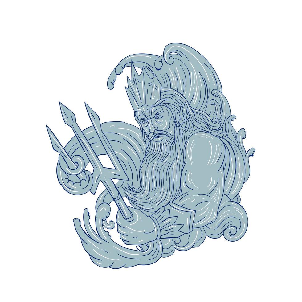 Poseidon drietand golven tekening vector