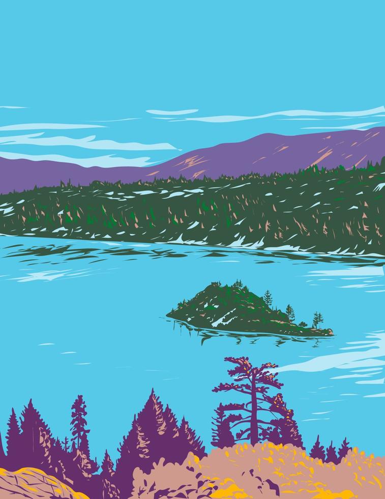 fannette eiland in meer tahoe binnen smaragd baai staat park Californië wpa poster kunst vector