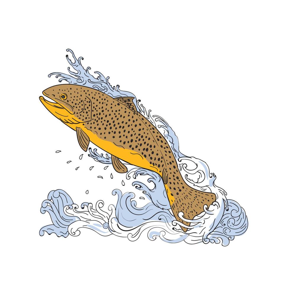 bruin forel zwemmen omhoog turbulent water tekening vector