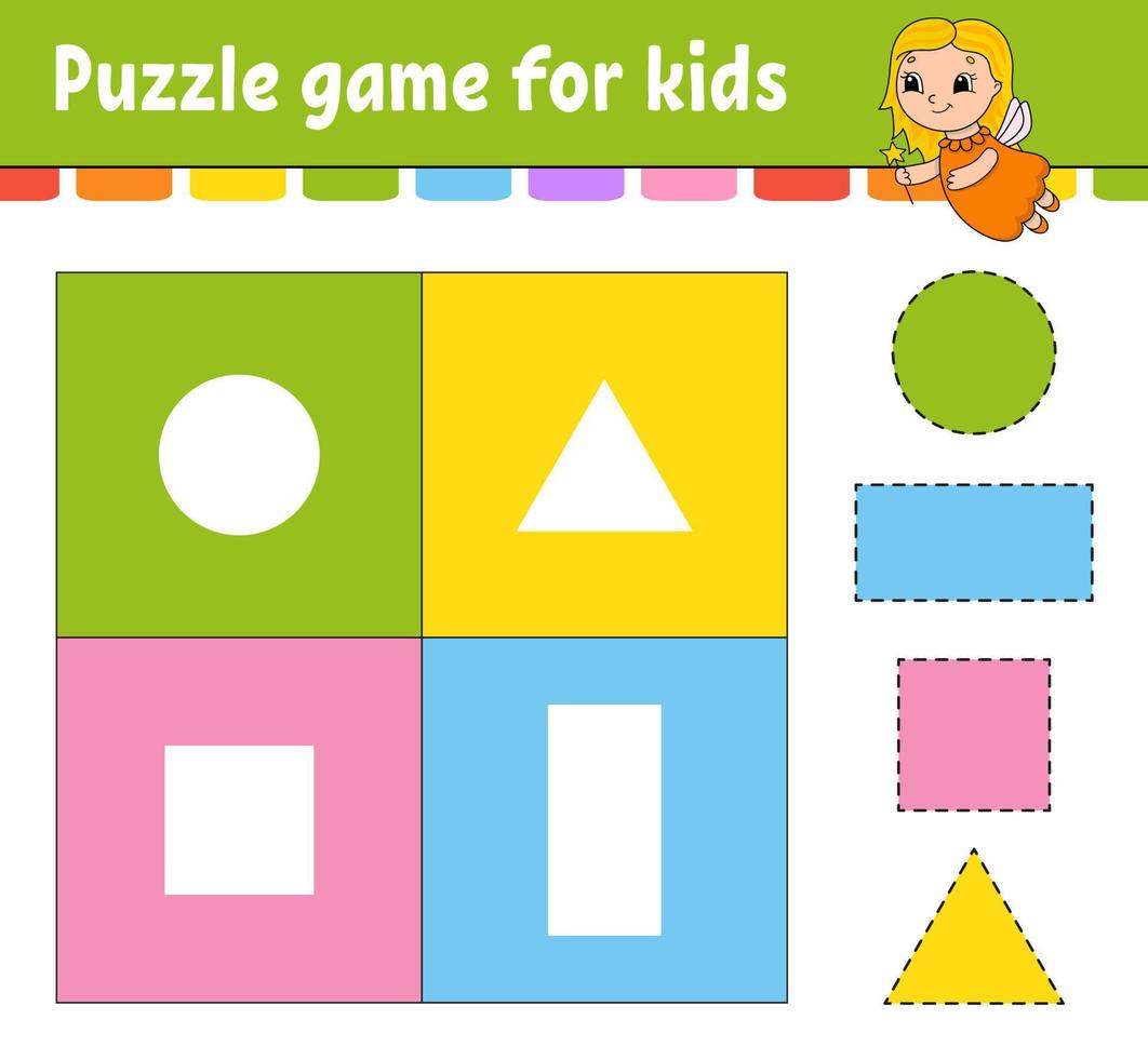 puzzelspel voor kinderen. Knip en plak. snijden praktijk. vormen leren. onderwijs werkblad. cirkel, vierkant, rechthoek, driehoek. activiteitenpagina. stripfiguur. vector