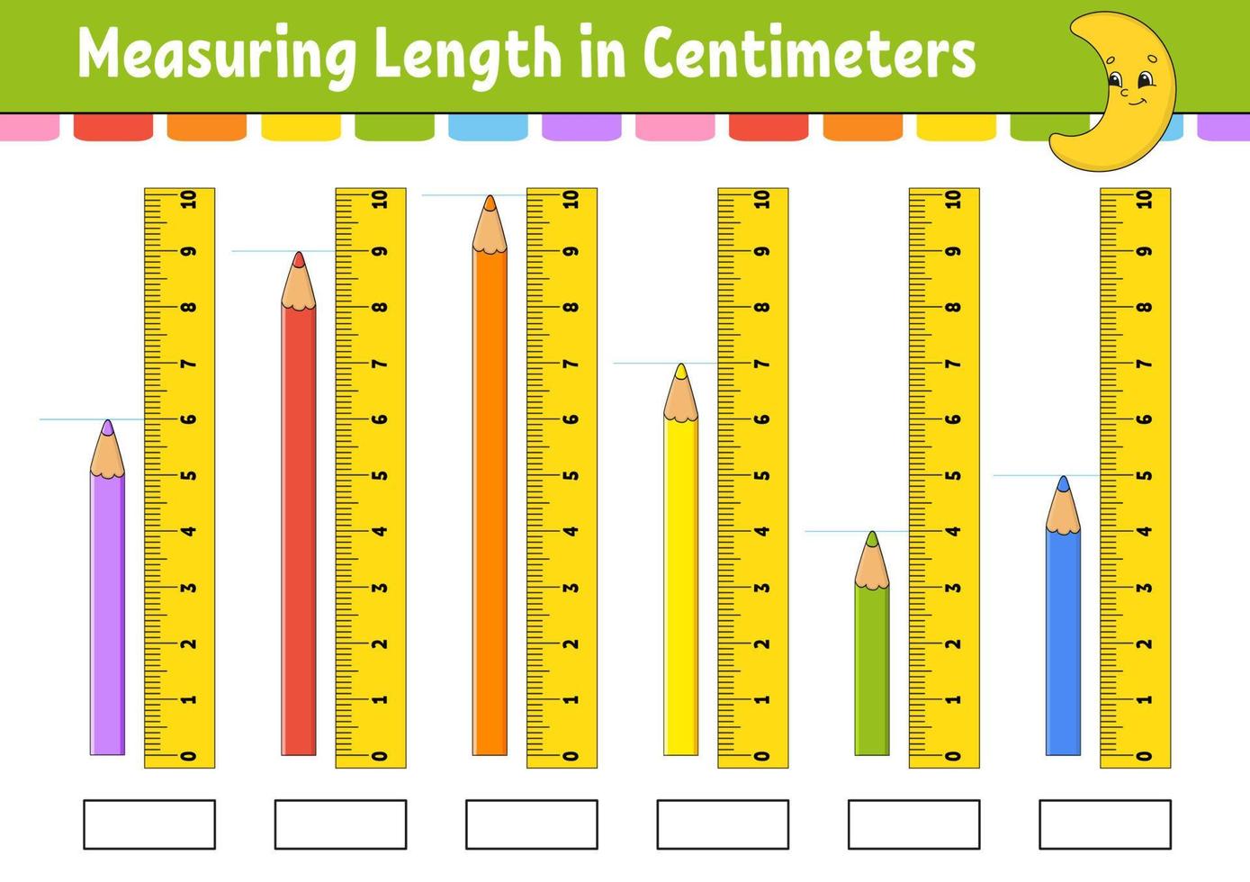 lengte meten in centimeter met liniaal. onderwijs ontwikkelen werkblad. spel voor kinderen. kleur activiteitenpagina. puzzel voor kinderen. schattig karakter. vectorillustratie. cartoon-stijl. vector