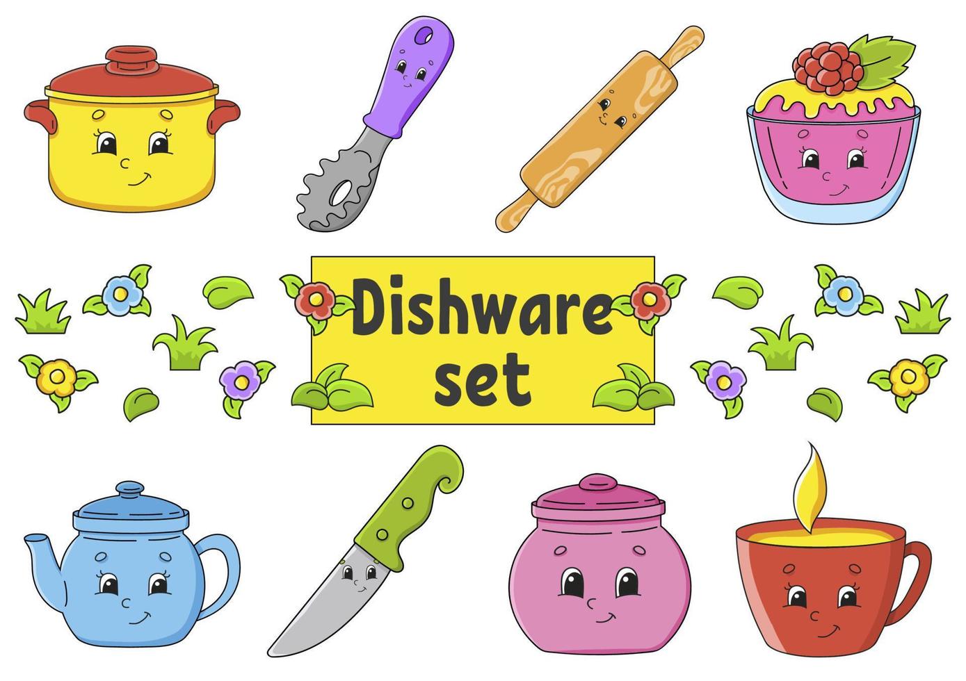 set stickers met schattige stripfiguren. hand getekend. kleurrijk pak. vectorillustratie. servies thema. patch badges collectie voor kinderen. voor dagelijkse planner, organisator, dagboek. vector