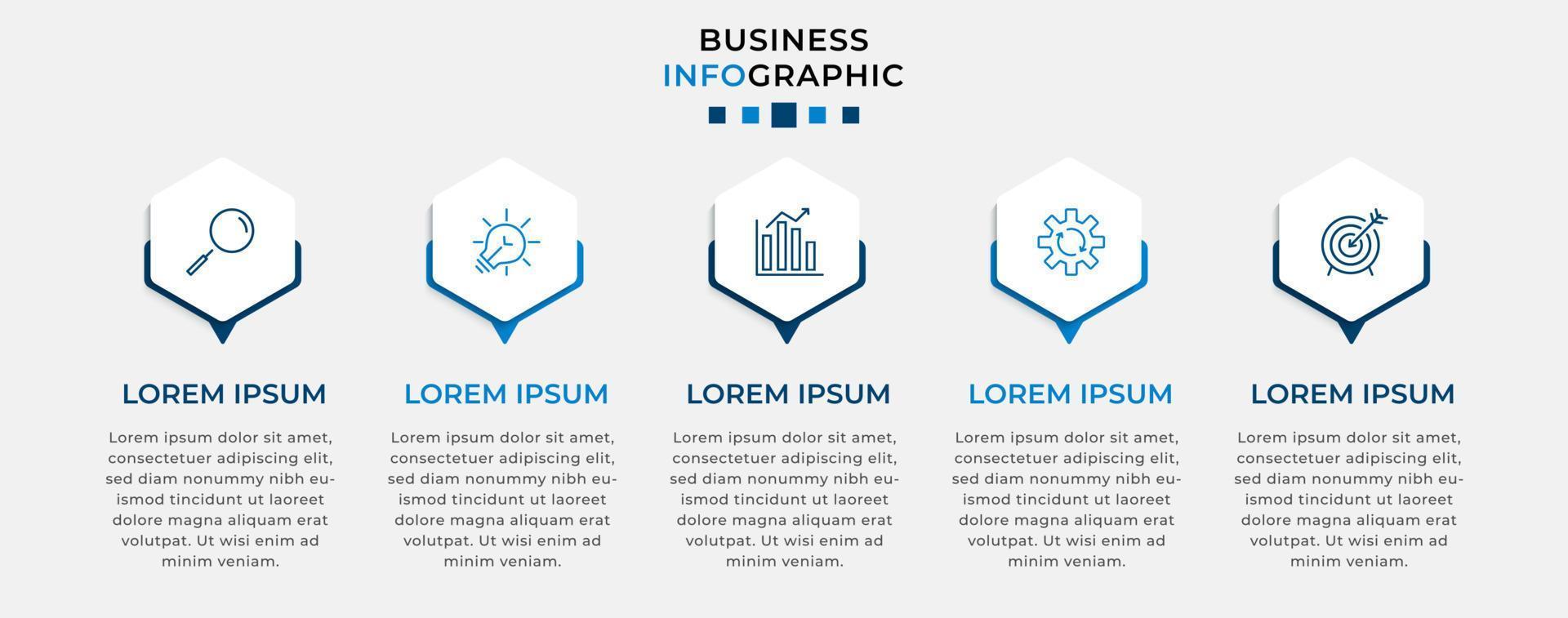 vector infographic zakelijke ontwerpsjabloon met pictogrammen en 5 opties of stappen. kan worden gebruikt voor procesdiagrammen, presentaties, werkstroomlay-out, banner, stroomschema, infografiek