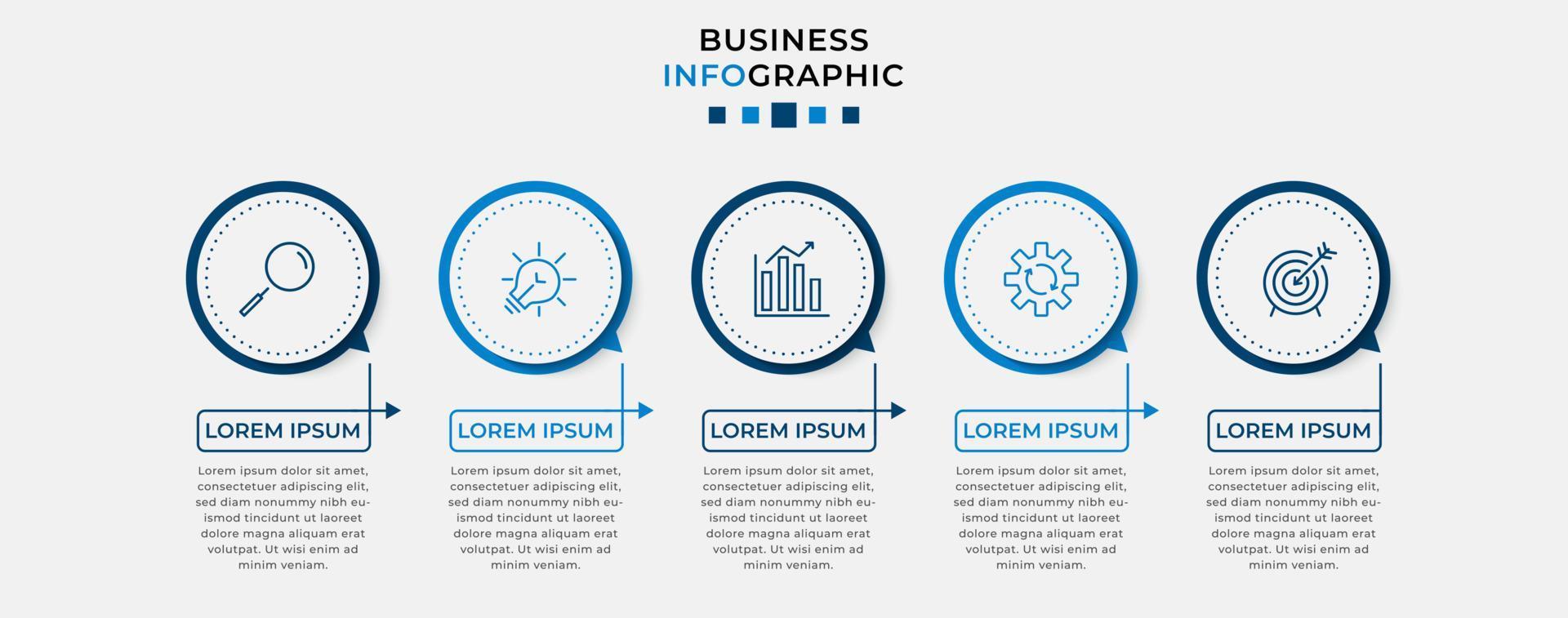 vector infographic zakelijke ontwerpsjabloon met pictogrammen en 5 opties of stappen. kan worden gebruikt voor procesdiagrammen, presentaties, werkstroomlay-out, banner, stroomschema, infografiek