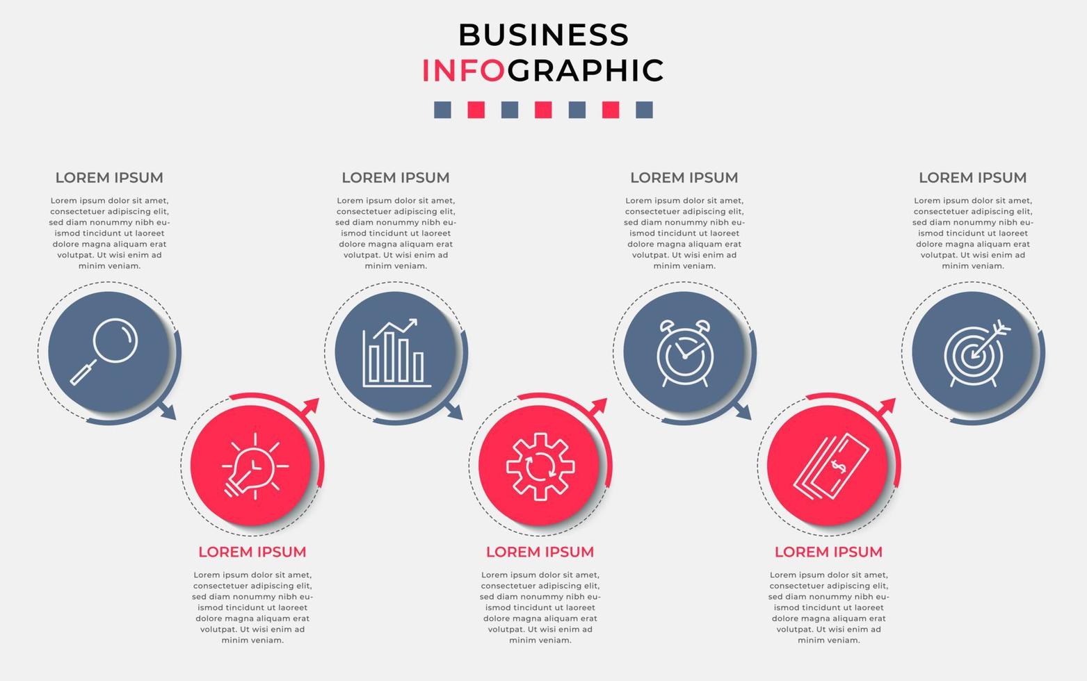 bedrijf infographic ontwerp sjabloon vector met pictogrammen en 7 opties of stappen. kan worden gebruikt voor werkwijze diagram, presentaties, workflow lay-out, banier, stromen grafiek, info diagram