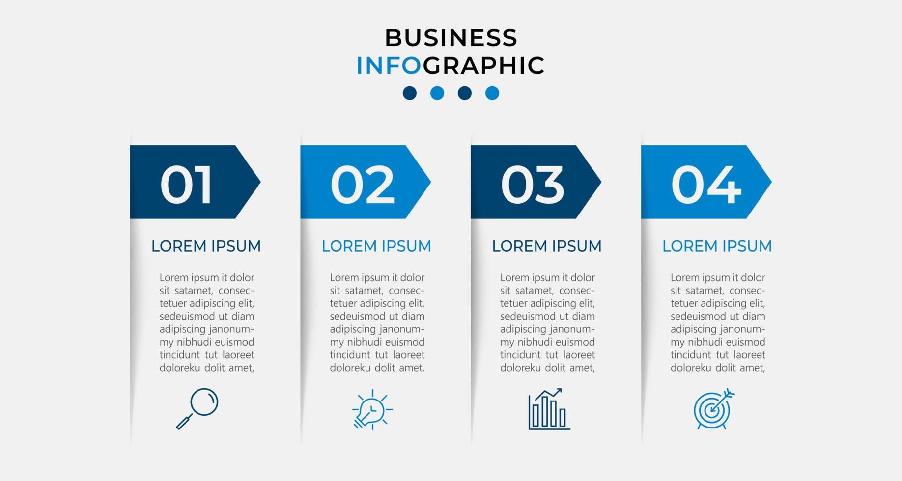 vector infographic zakelijke ontwerpsjabloon met pictogrammen en 4 opties of stappen. kan worden gebruikt voor procesdiagram, presentaties, workflowlay-out, banner, stroomschema, infografiek