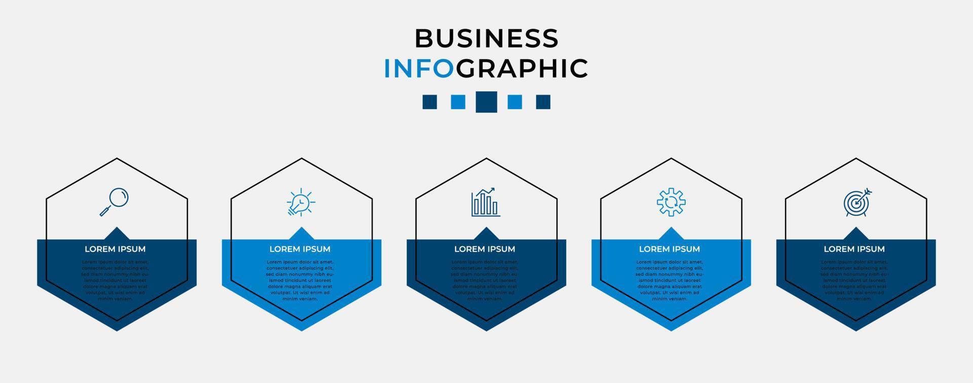 vector infographic zakelijke ontwerpsjabloon met pictogrammen en 5 opties of stappen. kan worden gebruikt voor procesdiagrammen, presentaties, werkstroomlay-out, banner, stroomschema, infografiek