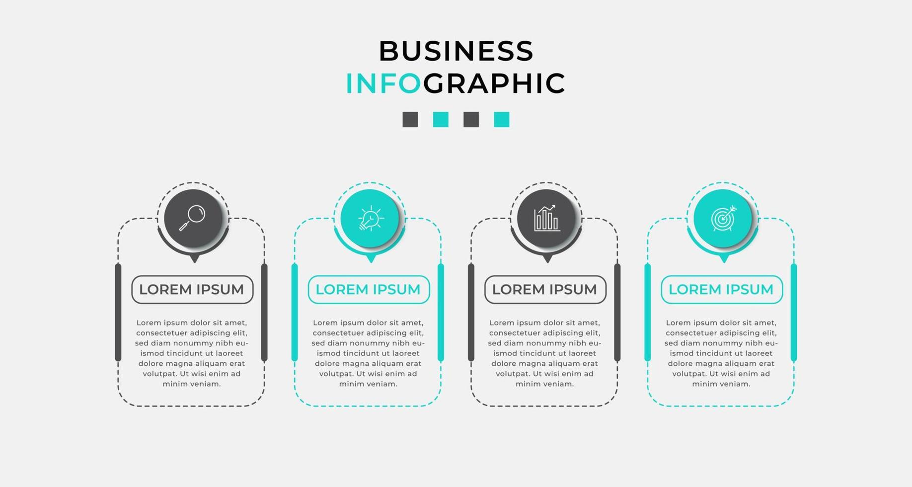 vector infographic zakelijke ontwerpsjabloon met pictogrammen en 4 opties of stappen. kan worden gebruikt voor procesdiagram, presentaties, workflowlay-out, banner, stroomschema, infografiek