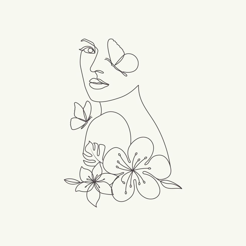 schoonheid vrouw hoofd met vlinders en bloemen elegant lijn kunst tekening illustratie vector