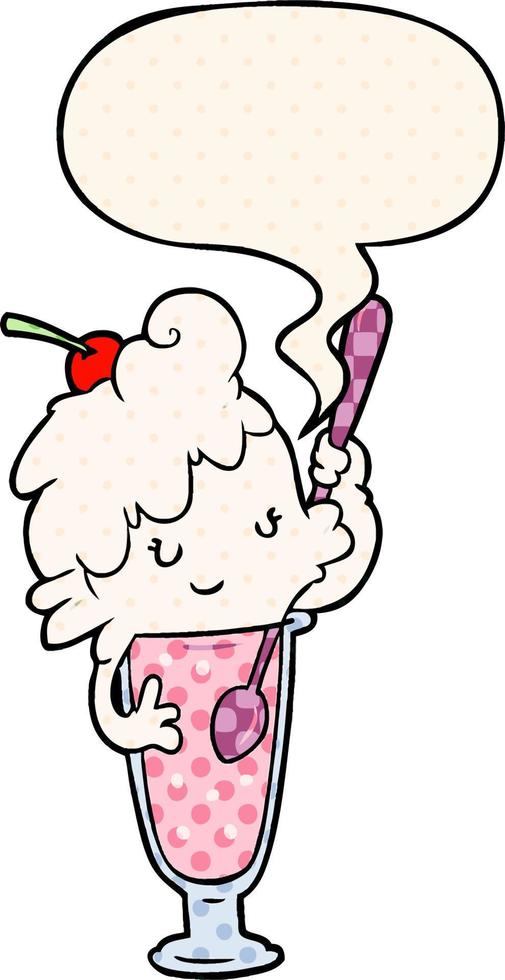 tekenfilm ijs room Frisdrank meisje en toespraak bubbel in grappig boek stijl vector