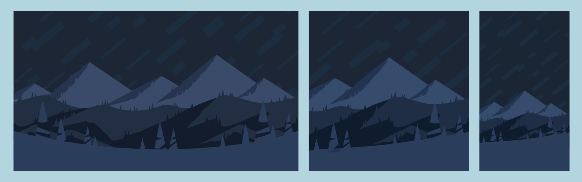 reeks van berg landschappen Bij middernacht. vierkant, horizontaal en verticaal affiches, vlak ontwerp eps vector. berg sneeuw pieken en heuvels Bij nacht illustratie. vector