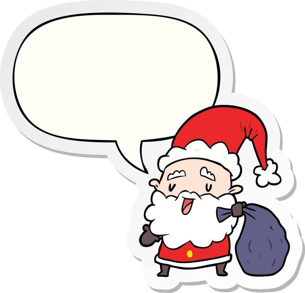 cartoon kerstman met zak cadeautjes en tekstballon sticker vector