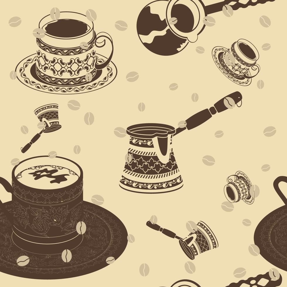 bewerkbare vlak monochroom Turks koffie vector illustratie en koffie bonen silhouet net zo naadloos patroon voor creëren achtergrond van cafe of koffie industrie en poef Turks cultuur ontwerp