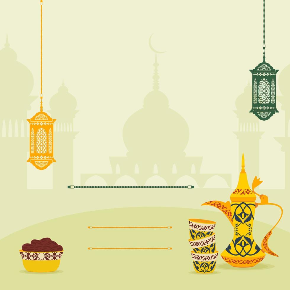 bewerkbare iftar partij vector achtergrond concept gebruik makend van hangende Arabisch lamp en gahwa koffie ook een kom van datum palm fruit in voorkant van moskee silhouet voor poster of uitnodiging kaart van Islamitisch momenten