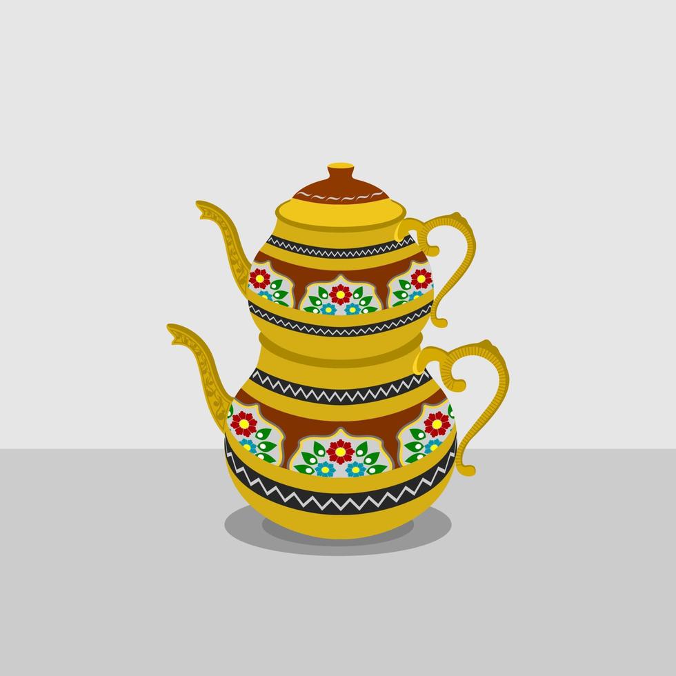 bewerkbare typisch traditioneel caydanlik Turks thee pot met bloemen patroon vector illustratie voor thee winkel of Product afzet en poef Turks cultuur verwant ontwerp
