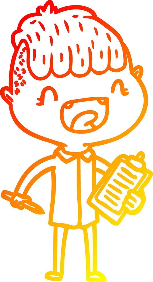 warm helling lijn tekening tekenfilm gelukkig jongen met klem bord lachend vector