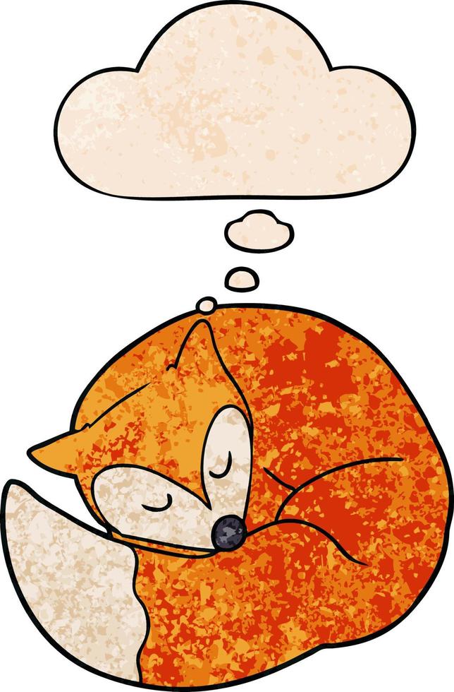 tekenfilm slapen vos en gedachte bubbel in grunge structuur patroon stijl vector
