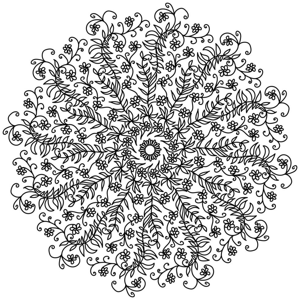 contour tekening mandala met bloemen, bladeren en krullen, fantasie kleur bladzijde met fabriek motieven vector