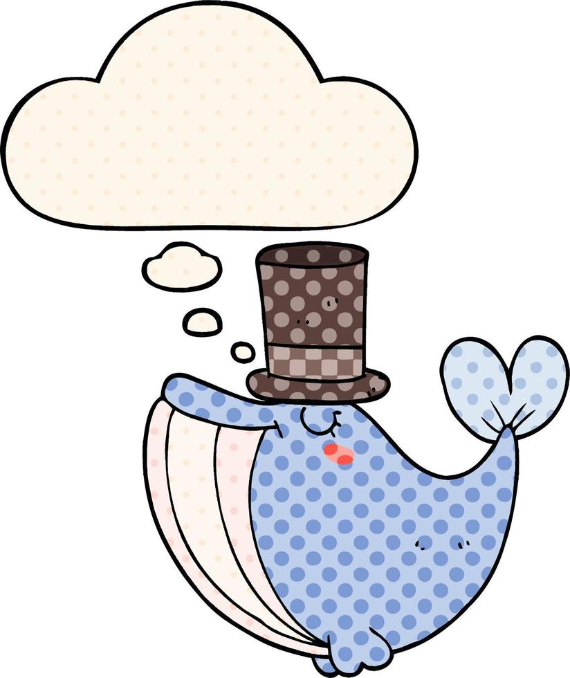 tekenfilm walvis met top hoed en gedachte bubbel in grappig boek stijl vector